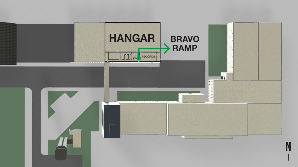 Map showing access to Bravo Ramp through the hangar next to Records