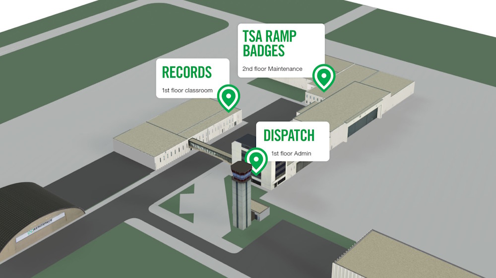3D map showing the new locations of Records, TSA Ramp Badges, and Dispatch