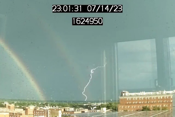 Lightning with double rainbow